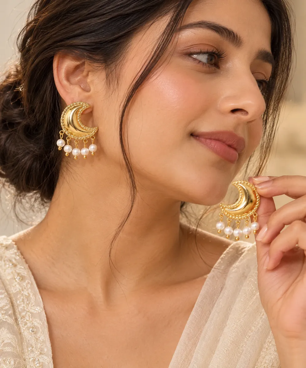 Moonlit Muse Pearl Drop Crescent Earrings – Gold Plated